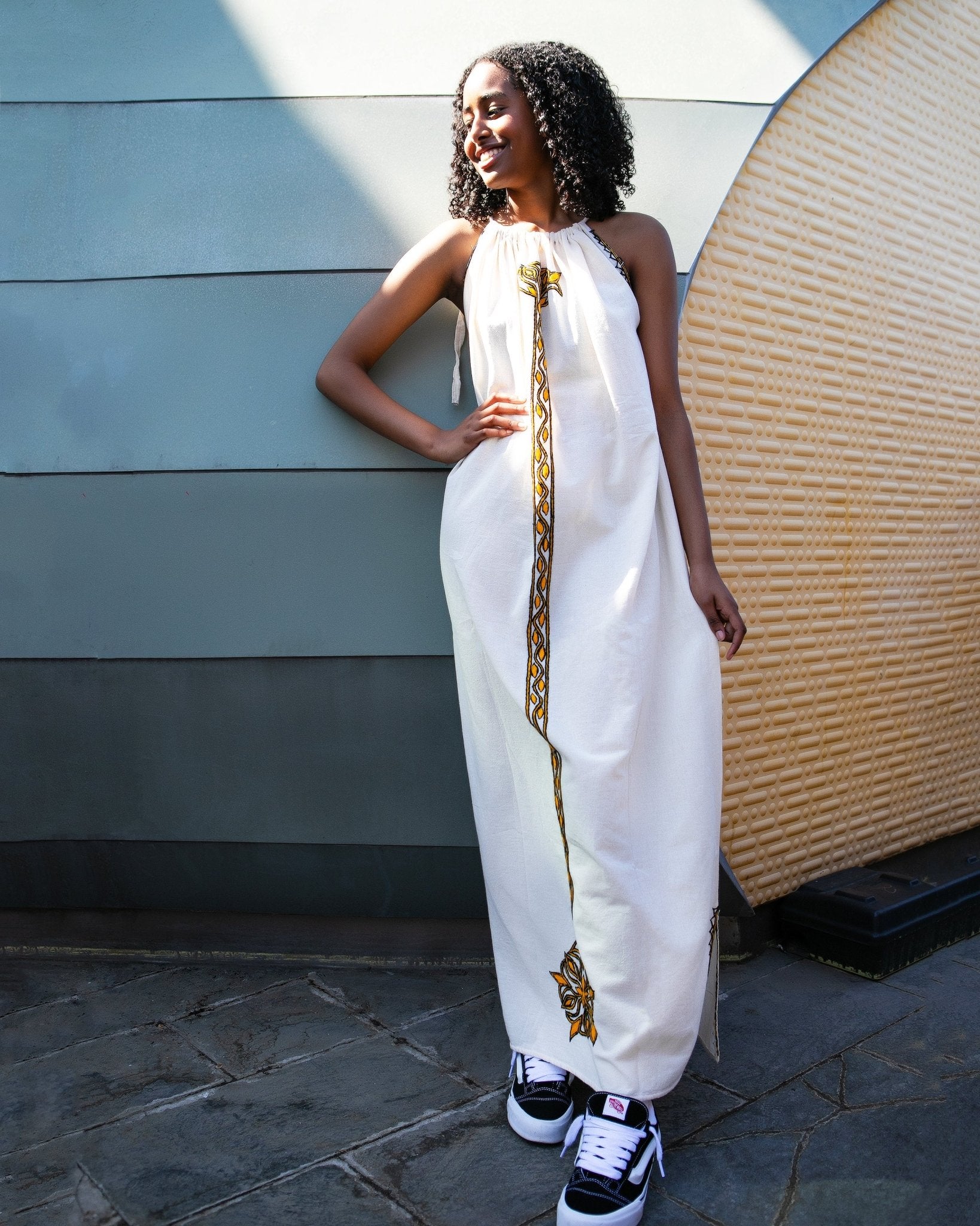 ቡና ቀሚስ Sleeveless Tie Strap Coffee Dress with Pockets | Summer Dress | Beach Dress | Yellow Line Floral Embroidery - Kelem Shop