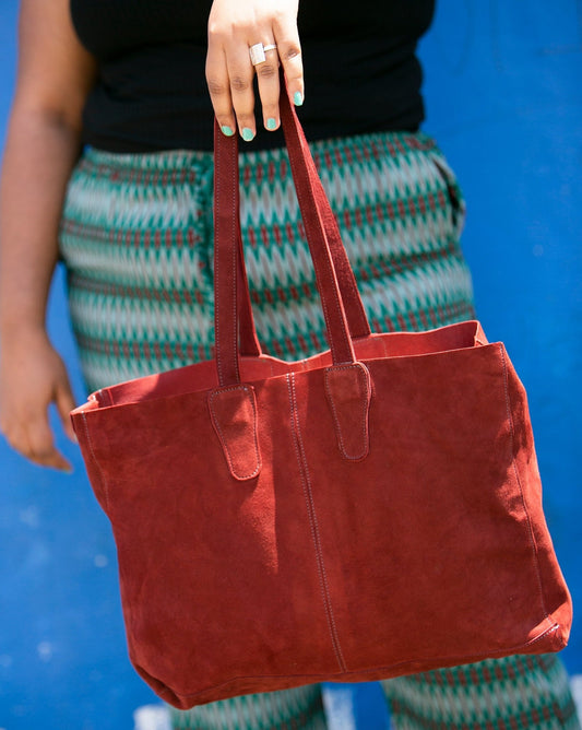 Suede Leather Tote Bag | Burgundy - Kelem Shop