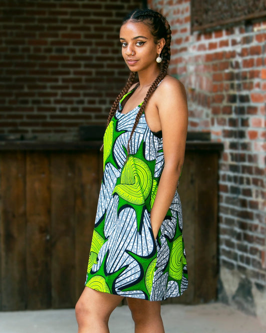 Tank Dress - Green, Gray, Black & White Ankara Print - Kelem Shop