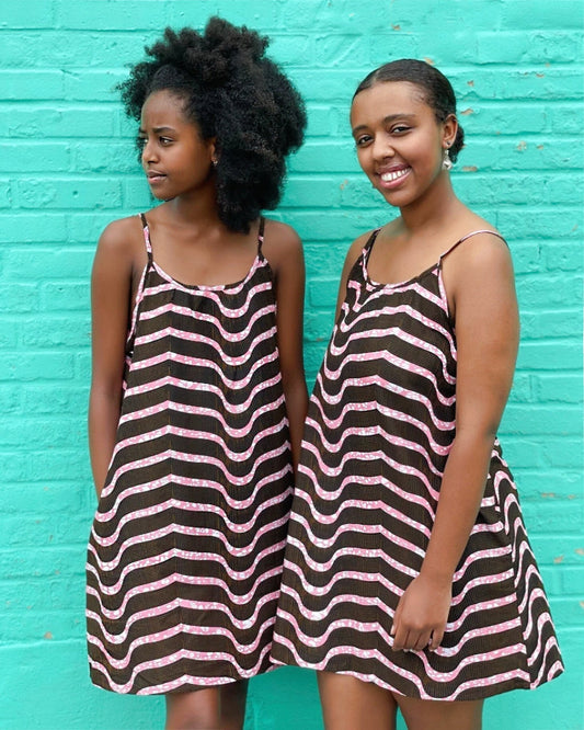 Tank Dress – Pink, White & Brown Stripes Ankara Print - Kelem Shop
