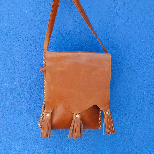 Tasseled Leather Shoulder Bag | Caramel - Kelem Shop