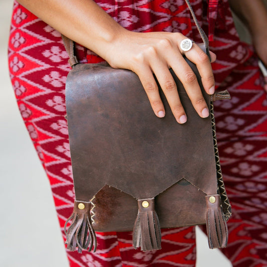 Tasseled Leather Shoulder Bag | Dark Brown - Kelem Shop