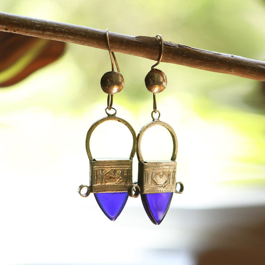 Tuareg Silver & Glass Drop Earrings - Blue - Kelem Shop