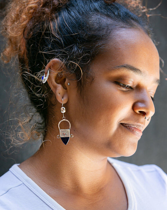 Tuareg Silver & Glass Drop Earrings - Blue - Kelem Shop