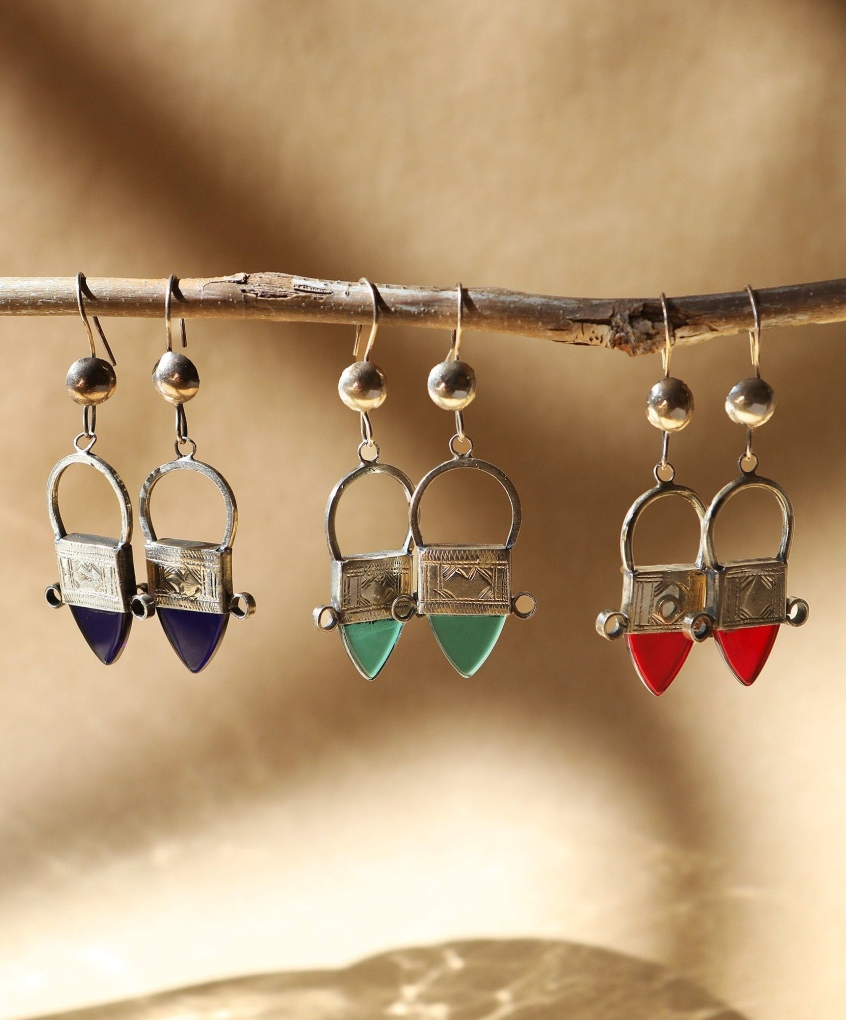 Tuareg Silver & Glass Drop Earrings - Green - Kelem Shop