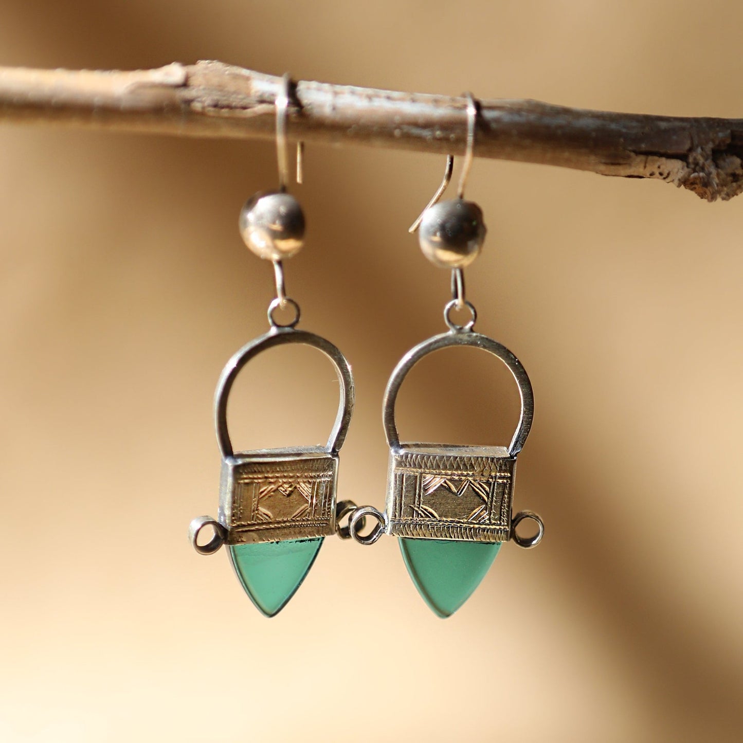 Tuareg Silver & Glass Drop Earrings - Green - Kelem Shop