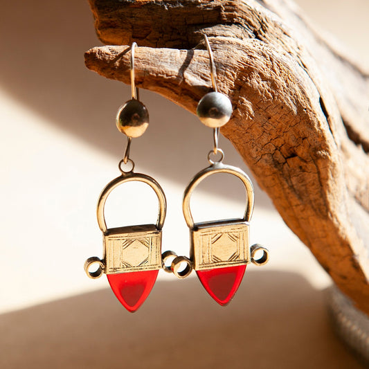 Tuareg Silver & Glass Drop Earrings - Red - Kelem Shop