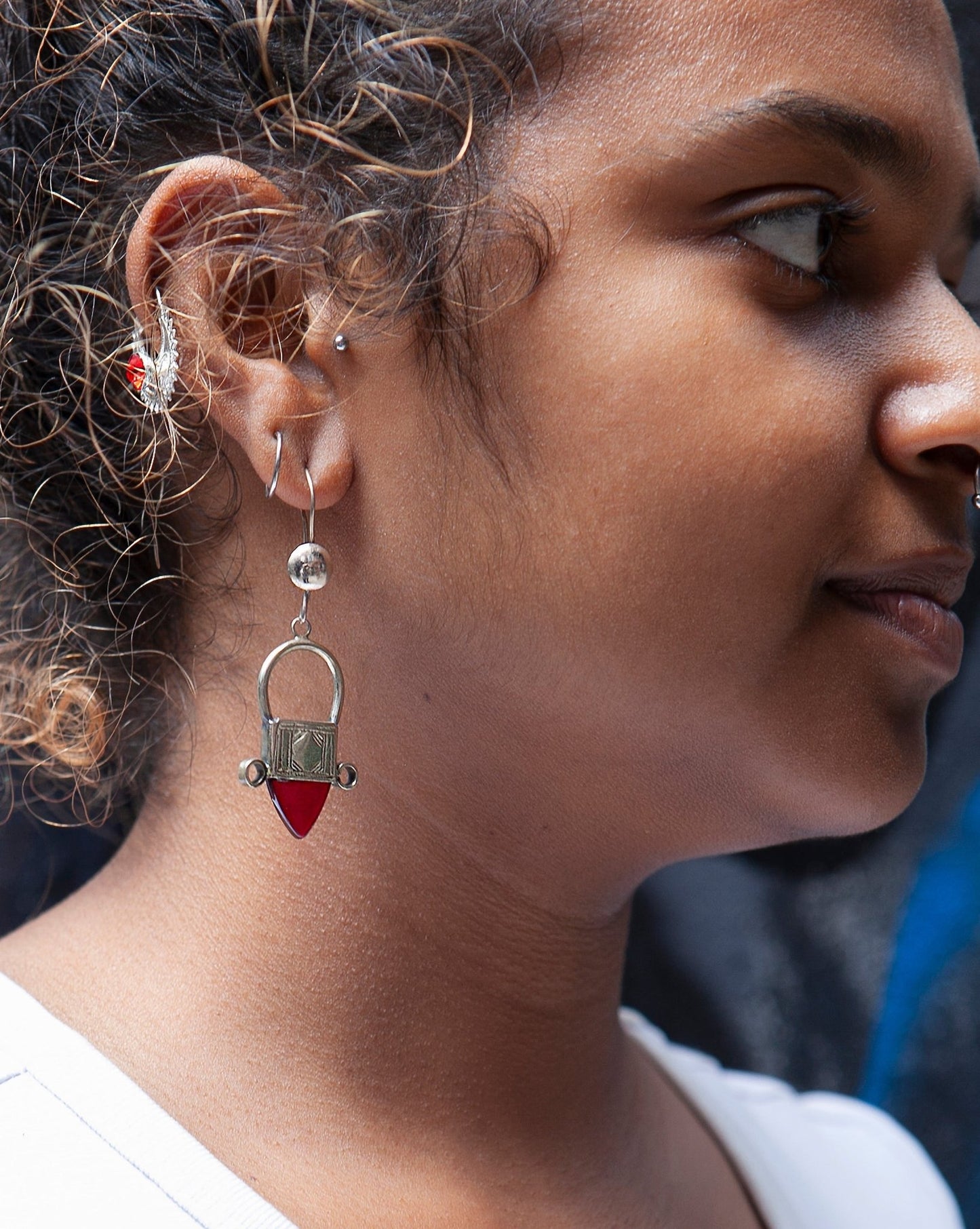 Tuareg Silver & Glass Drop Earrings - Red - Kelem Shop