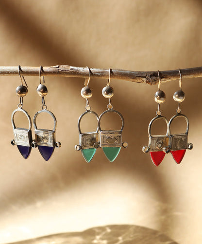 Tuareg Silver & Glass Drop Earrings - Green