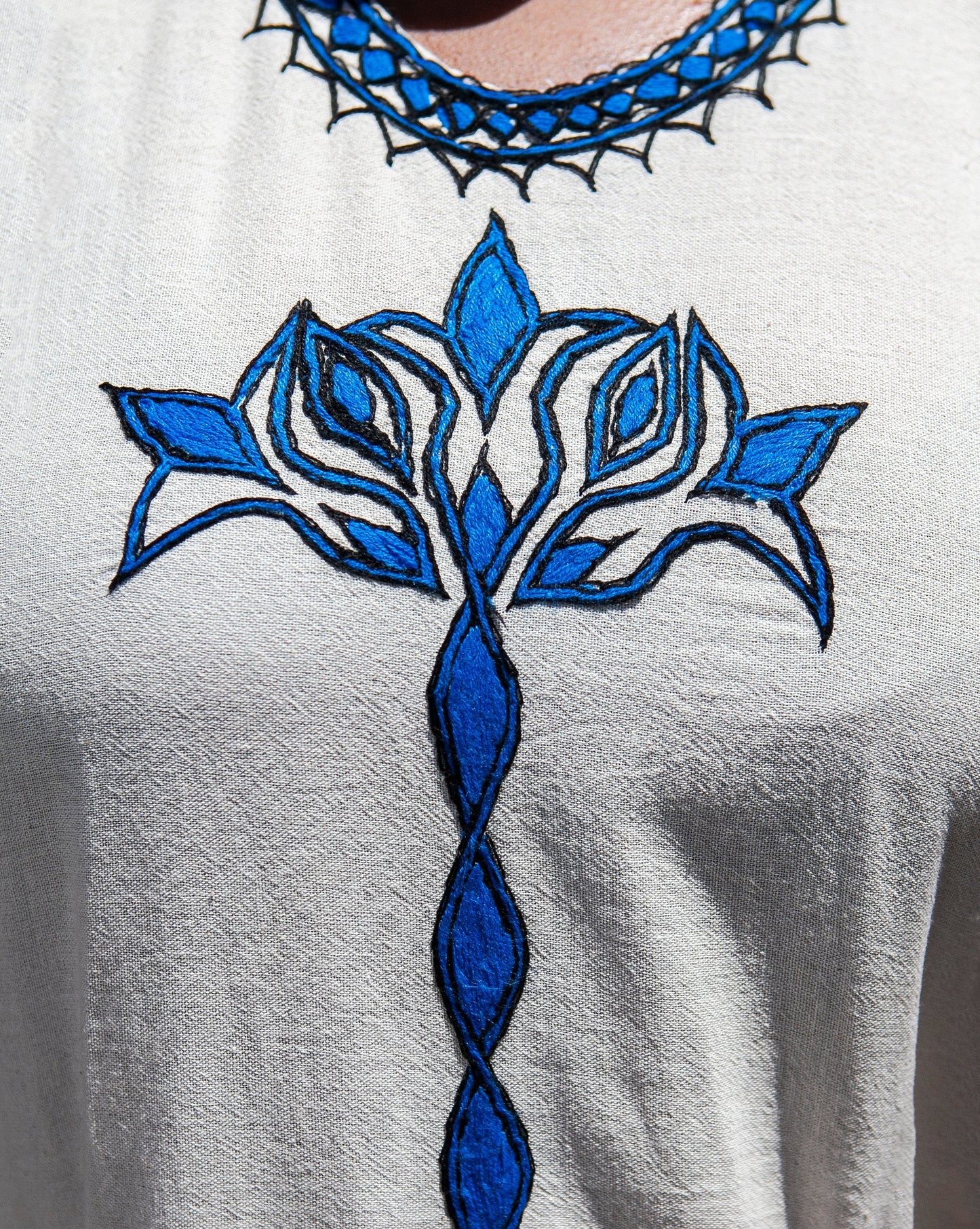 ቡና ቀሚስ | Coffee Dress | Blue Floral Line Hand-embroidery