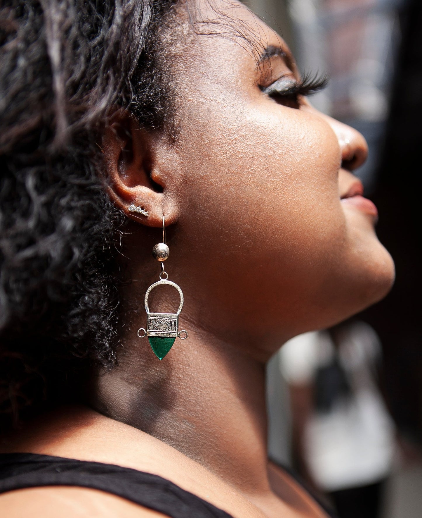 Tuareg Silver & Glass Drop Earrings - Green