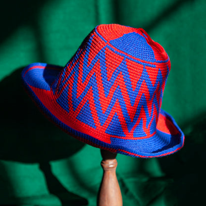 Konso Crochet Hat - Blue & Red Zigzag