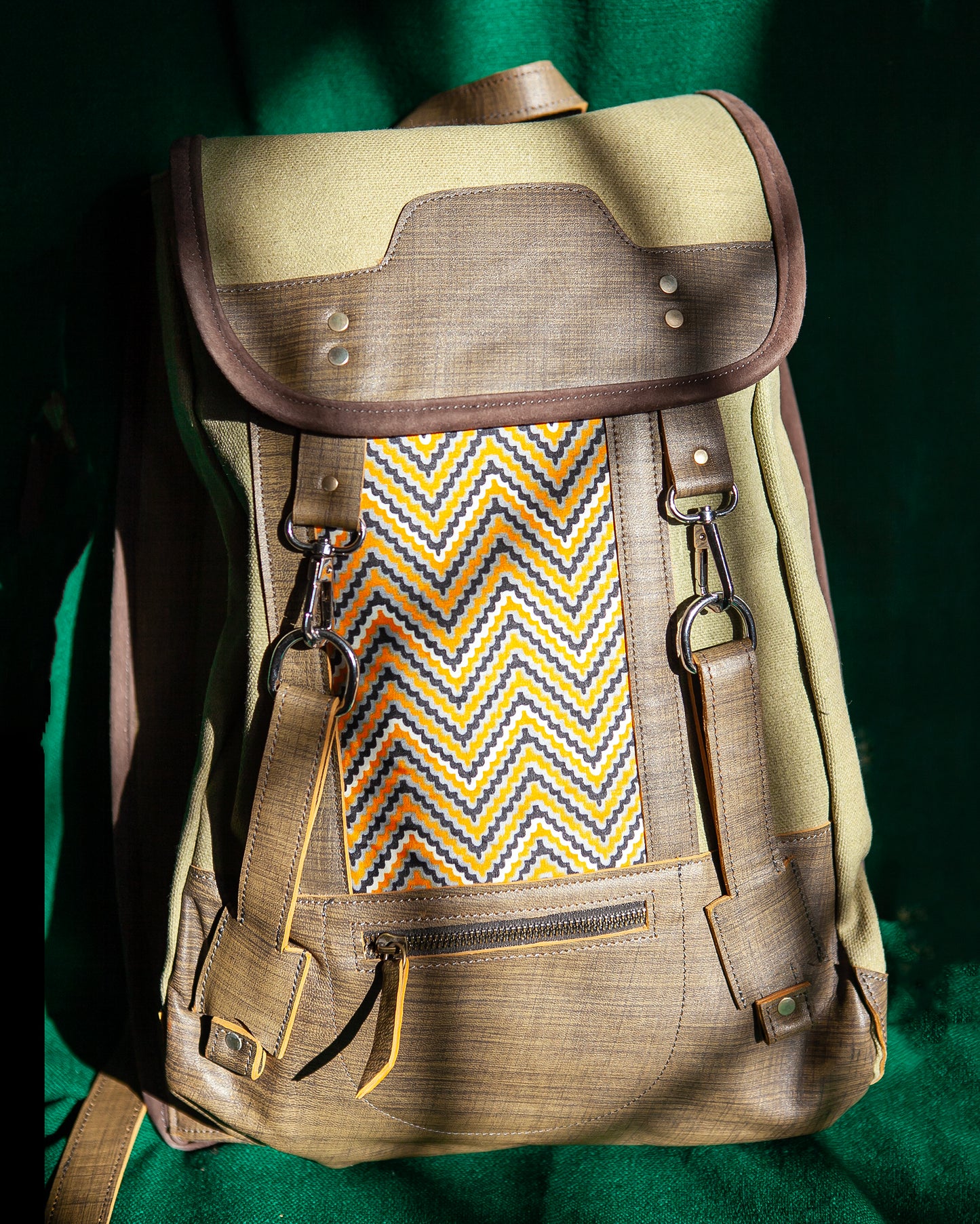 Canvas, Leather, Ankara Blend Backpack | Green