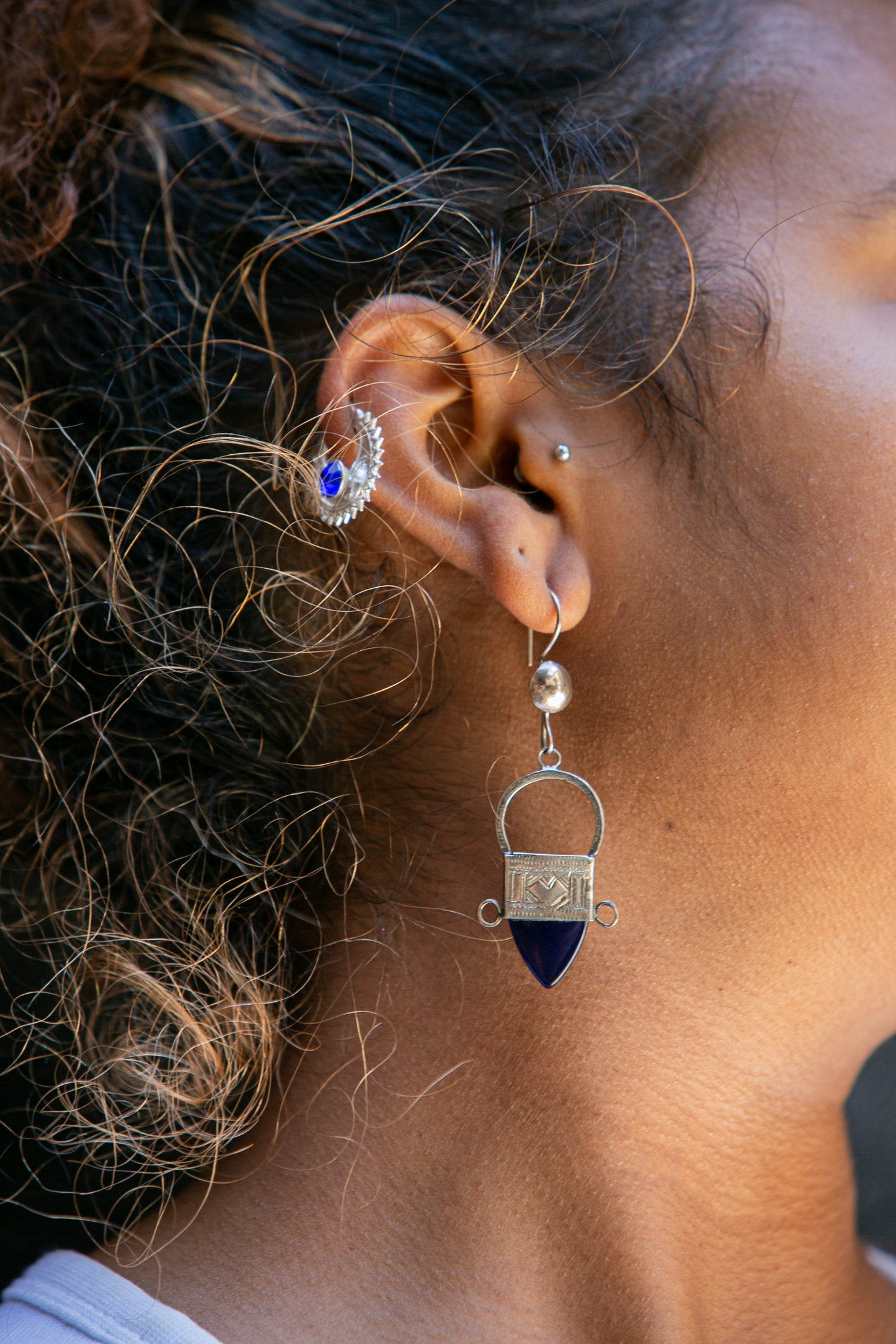 Silver Cartilage Hoop Earring - ሱቅሬ (Sukre) With Bezel Stone Earring