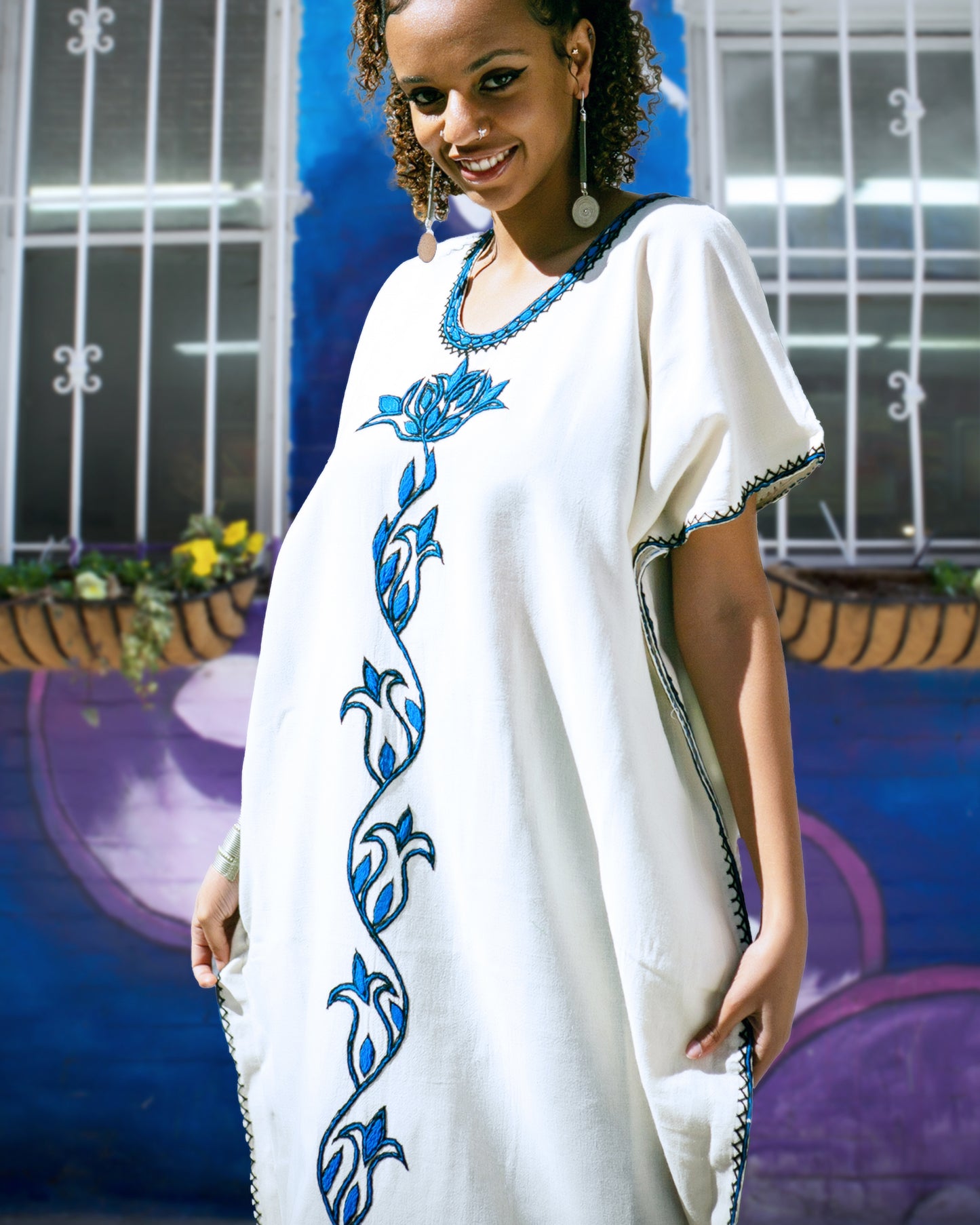 ቡና ቀሚስ | Coffee Dress | Blue Floral Hand-embroidery
