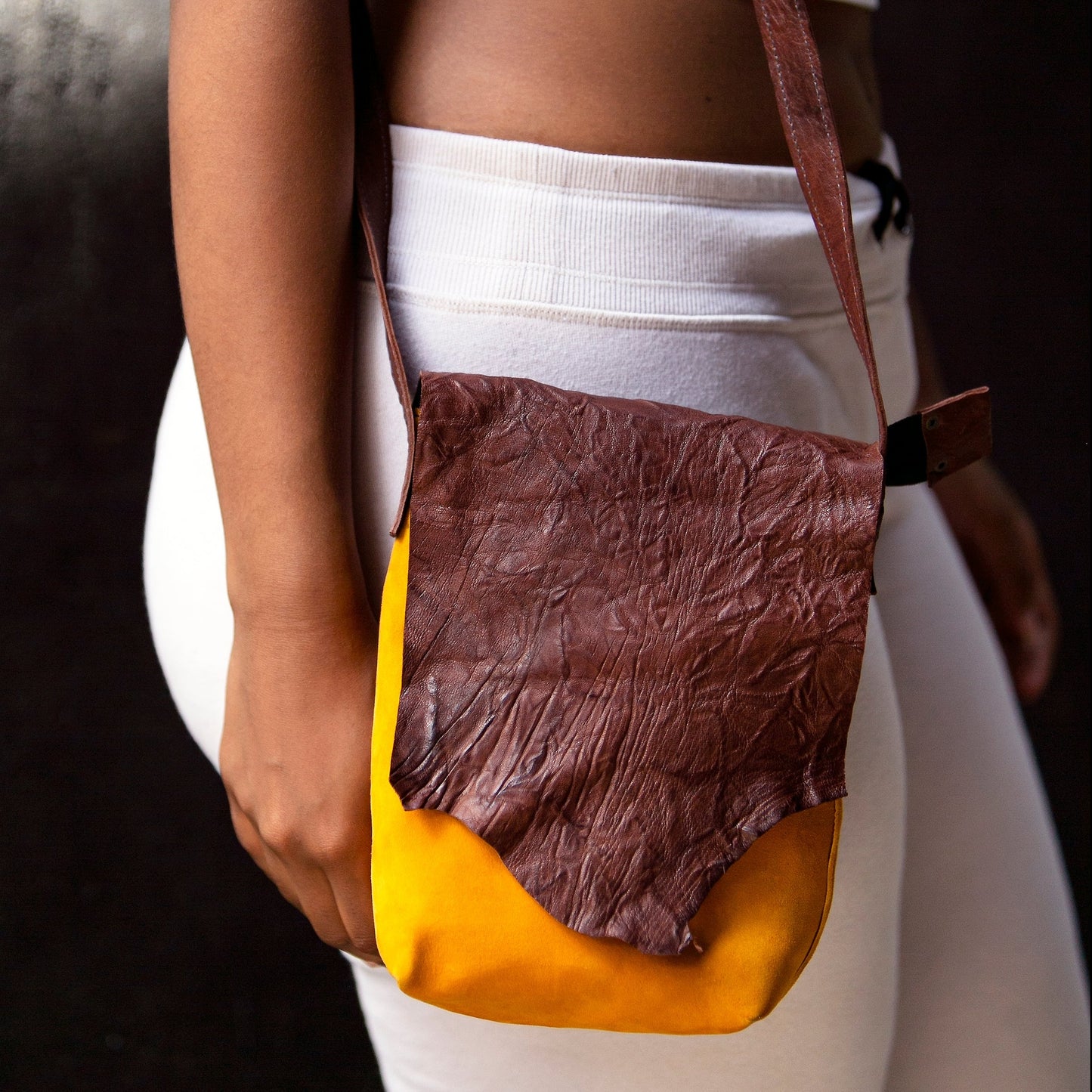 Natural Edge Leather Crossbody Bag | Brown & Yellow