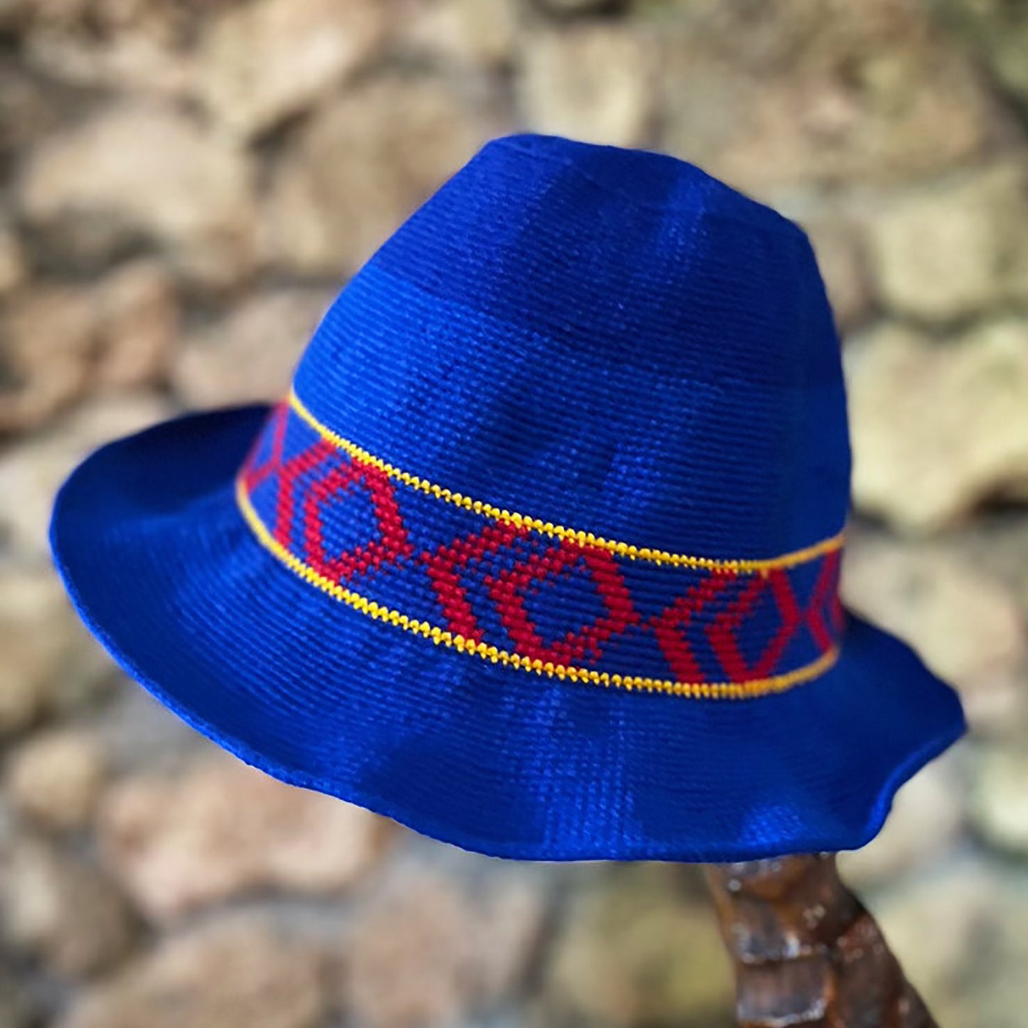 Konso Crochet Hat -  Blue With Red, Yellow DRAFT